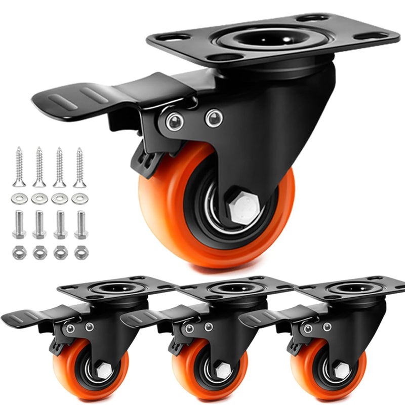 TAYLOON Caster Wheels- 2 Inch Casters Set of 4 Heavy Duty, Locking Industrial Casters with No Noise Polyurethane Wheels, Swivel Plate Casters for Furniture and Workbench - Set of 4 (Free Screws)… - Image 1